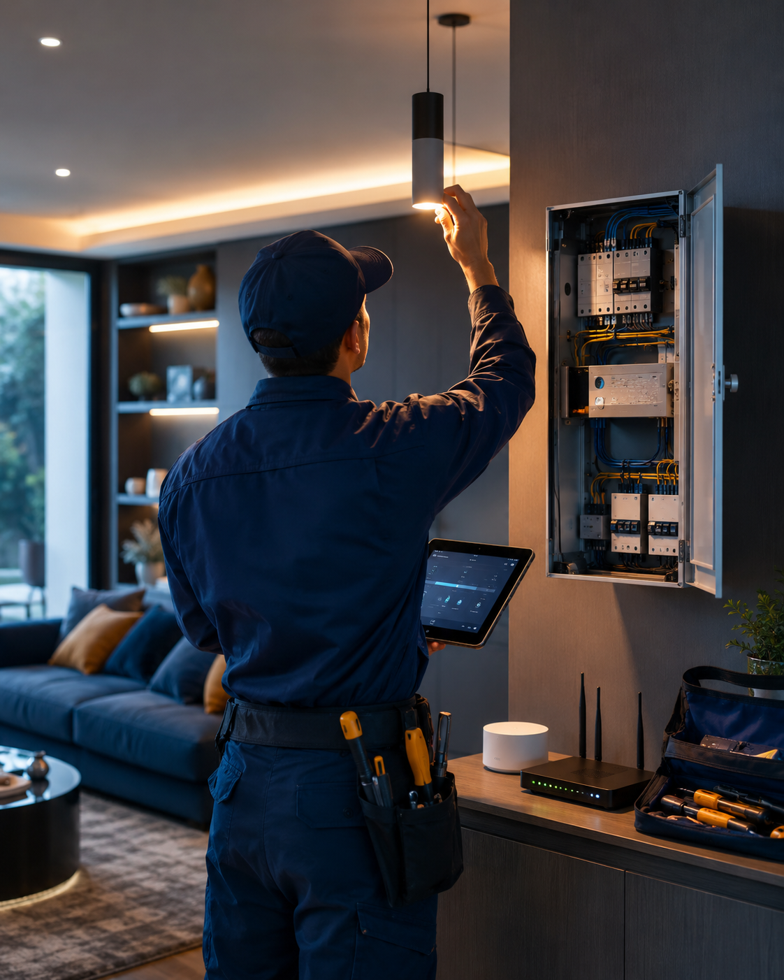 Trabajo técnico en una vivienda con cuadro eléctrico y dispositivos conectados
