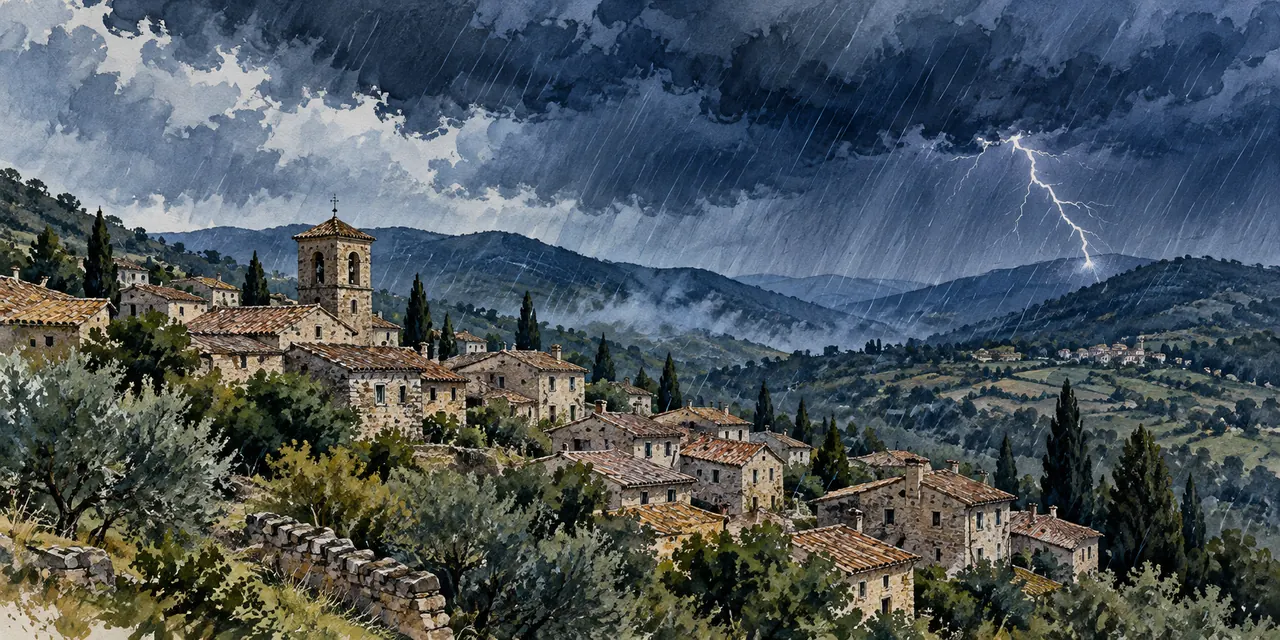 Ilustración de una tormenta sobre un pueblo de montaña